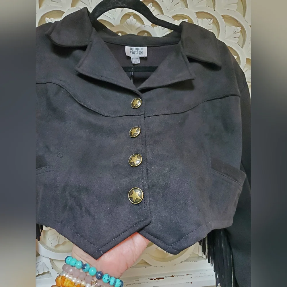 NWT Unique Vintage Black Faux Suede Tassle Fringe Cropped Jacket 1X / 16 - Picture 3 of 16